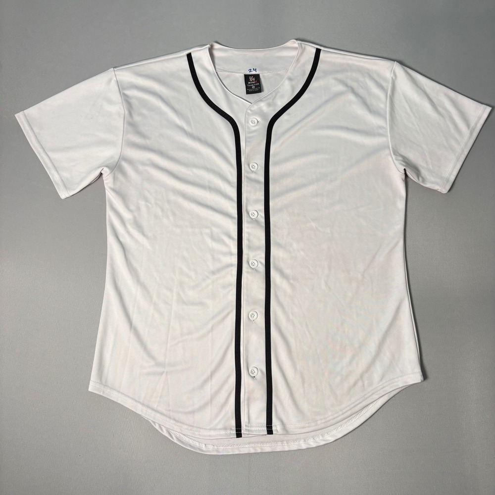 YoungLA Mens Baseball Jersey White Black Piping Full Button Athletic Shirt Sz M